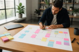 Un chef de projet organise les étapes de conception d'une application no code sur un tableau en papier.