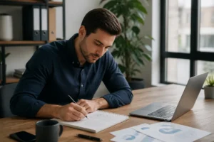 Un professionnel planifie sa stratégie avec une audience google ads sur un carnet en papier