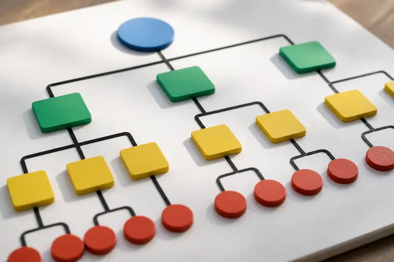 Structure de compte Google Ads représentée par un schéma visuel organisé en arborescence hiérarchique.