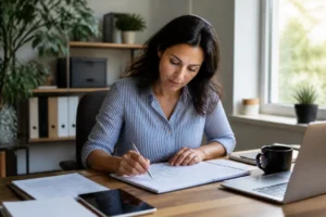 Gérant d'une PME calculant son budget Google Ads sur un carnet de notes.