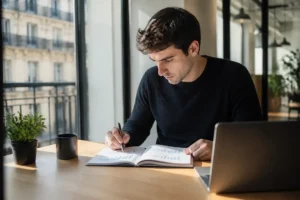 Analyse des données d'une campagne display Google Ads par un entrepreneur concentré dans un bureau à Paris.