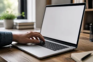 Main ouvrant un code promo Google Ads dans un formulaire en ligne, sur un bureau en bois.