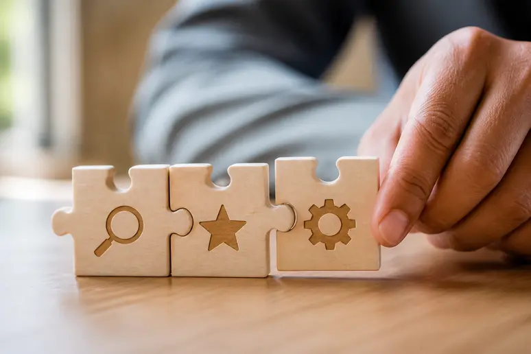 Trois pièces de puzzle représentant la pertinence, la qualité et l'expérience utilisateur.