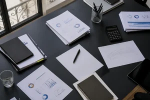 Bureau de travail parisien avec documents, montrant comment fonctionne Google Ads pour la planification budgétaire.