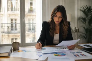 expert en marketing analysant des rapports imprimés pour le consent mode v2 google ads au bureau