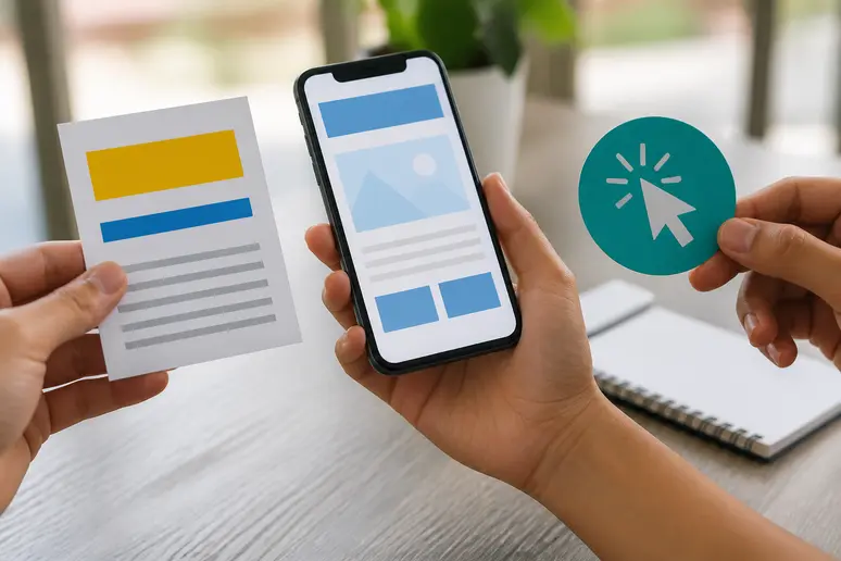 Illustration des trois composantes du Score de Qualité Google Ads : annonce pertinente, page de destination optimisée et taux de clics élevé.
