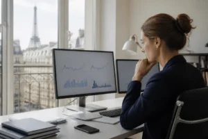 Analyse des données CPC Google Ads par un professionnel dans un bureau à Paris.