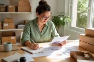 Un entrepreneur analyse des graphiques financiers imprimés sur papier pour optimiser ses campagnes de dropshipping google ads.