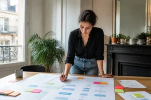 Un stratège digital analyse des plans de site pour optimiser ses campagnes dsa google ads au bureau.