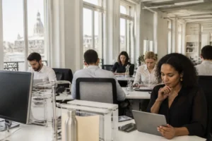 Bureau parisien animé où des professionnels gèrent des campagnes avec l'expression exacte google ads.