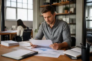 Un entrepreneur analyse des documents budgétaires pour optimiser sa stratégie de gestion google ads dans son bureau.
