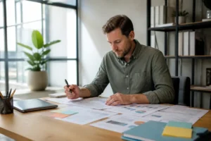 professionnel analysant des documents de campagne publicitaire sur un bureau avec un google ads editor fermé