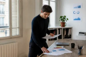 Un entrepreneur analyse le coût des google ads prix pour son entreprise dans un bureau à Paris.
