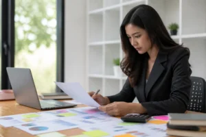 Un expert analysant des graphiques de performance avec un kpi google ads sur son bureau