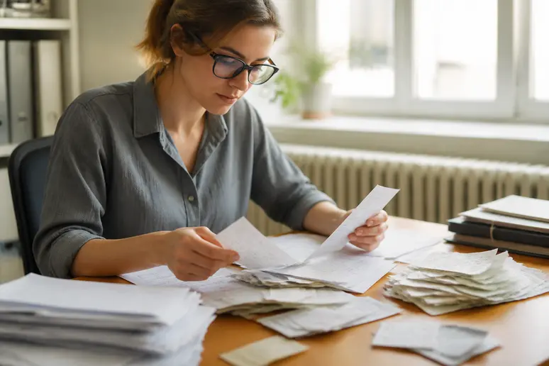 Classement de justificatifs papier sur un bureau pour la gestion d'un logiciel note de frais