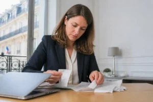 Un professionnel organise des reçus papier sur un bureau avec un logiciel gestion note de frais