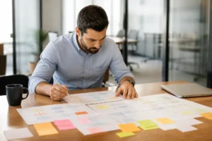 expert en marketing organisant une stratégie avec des schémas papier pour un mcc google ads dans un bureau