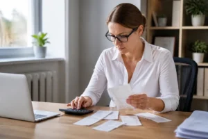 Un professionnel organise ses reçus papier et utilise une calculatrice avec un modèle note de frais excel gratuit.