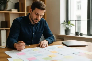 Un professionnel organise des schémas de processus sur son bureau avec des outils no code