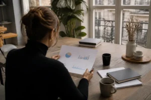 expert analysant des rapports papier sur son bureau pour optimiser ses campagnes performance max google ads