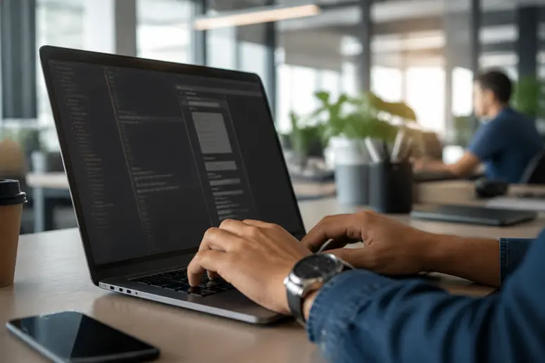 Mains d'un développeur ajustant le code d'un site web pour en améliorer la performance et la vitesse.