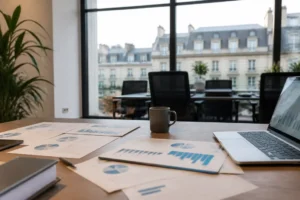 Analyse du quality score Google Ads dans un bureau d'entreprise en France.