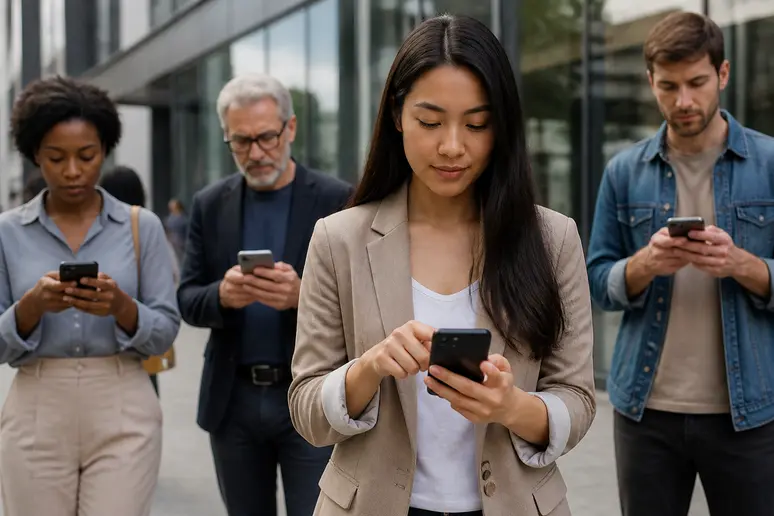 Personnes interagissant avec des bannières de consentement sur leurs smartphones dans un cadre urbain.
