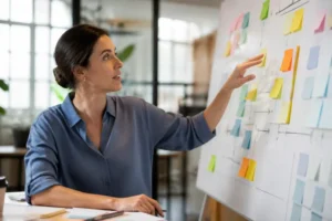 Graphiques de stratégies de remarketing Google Ads sur un tableau blanc dans un bureau.