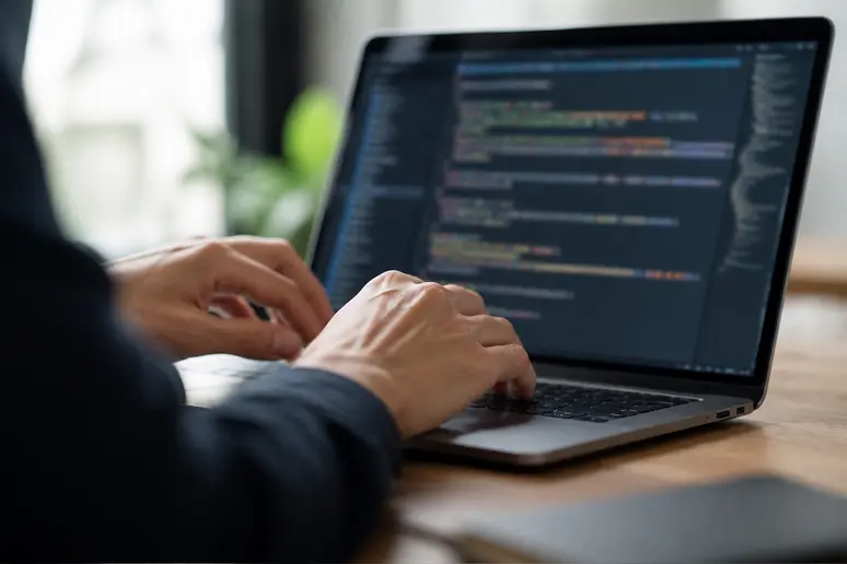 Mains d'un développeur insérant un code JavaScript sur l'interface d'un site web.