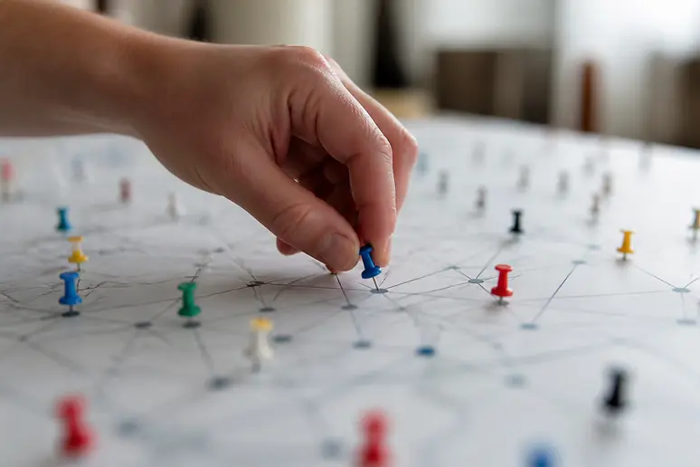 Main plaçant un marqueur discret sur un tableau de données interconnectées pour le suivi.