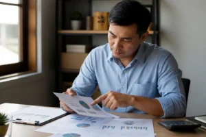 Un entrepreneur analyse des chiffres pour optimiser son roas google ads sur des documents financiers.