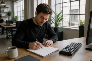 Un designer dessine des wireframes sur papier pour un projet de site no code.