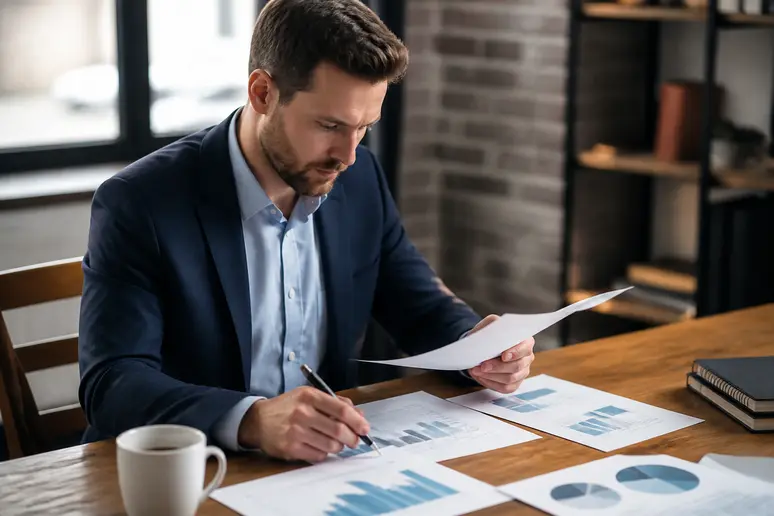 Professionnel analysant des tableaux de performance pour mesurer le coût par clic publicitaire sur papier.