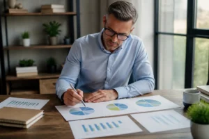 Un professionnel analyse des graphiques financiers pour optimiser une stratégie google ads au bureau.