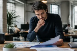Professionnel analysant une baisse du taux de conversion Google Ads sur des documents.
