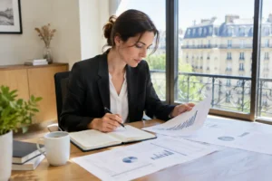 professionnel analysant des documents sur un bureau pour choisir un annuaire email entreprise efficace