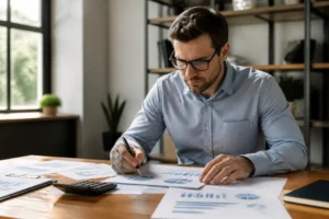 Un expert analyse des graphiques sur papier pour mener à bien un audit e-réputation professionnel en bureau