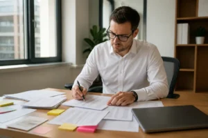 Un professionnel analyse des documents papier pour optimiser sa base de données crm dans un bureau.