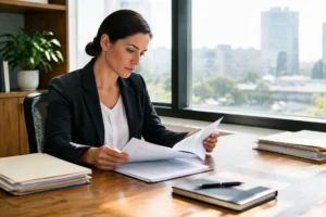 Un professionnel analyse des documents de conformité au bureau près d'une base de données email entreprise