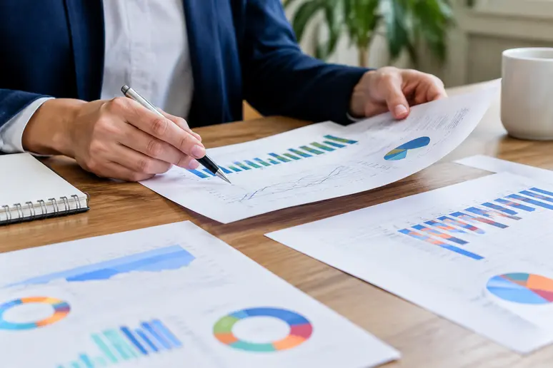 Rapports de performance marketing imprimés sur papier posés sur un bureau en bois