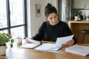 Utilisateur consultant des documents papier pour tester clean email gratuit chez lui