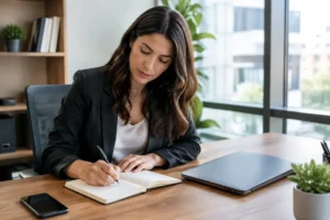 Découvrez comment trouver des adresses email efficacement grâce à des notes prises sur un carnet en bureau.