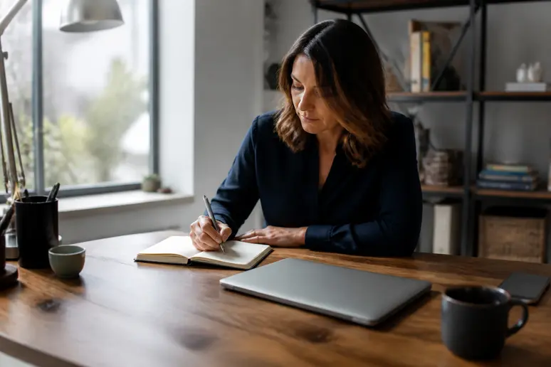 Utilisateur consultant ses notes sur un bureau pour organiser sa recherche de crm exemple.