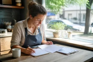 Un entrepreneur analyse des notes financières sur papier pour choisir un crm exemple adapté à son entreprise