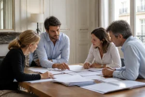 Plusieurs professionnels en réunion de travail autour de documents papier pour choisir un crm francais adapté à leur entreprise