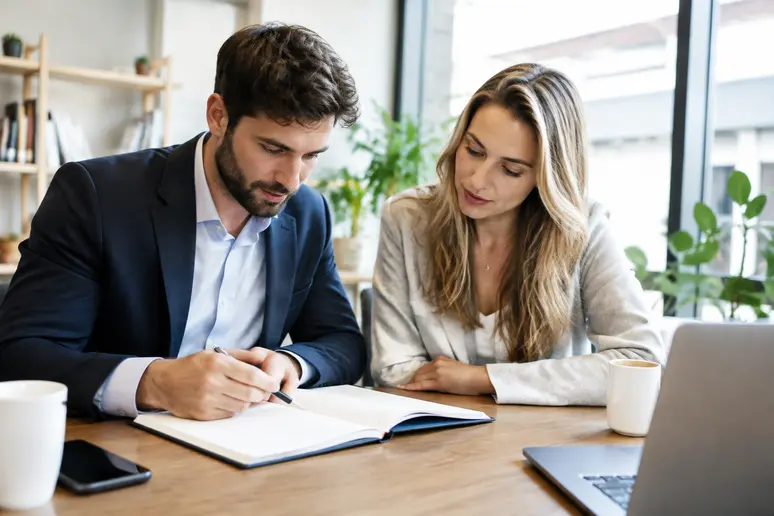Deux collaborateurs organisent le suivi de leurs prospects pour choisir un crm gratuit.