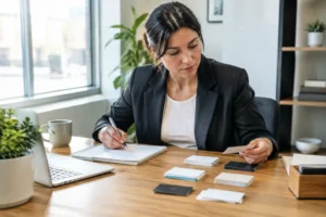 Entrepreneur organisant des fiches de contacts papier à son bureau pour utiliser un crm gratuit.