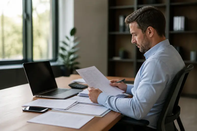 Un responsable analysant les coûts réels d'un crm pme sur un bureau lumineux