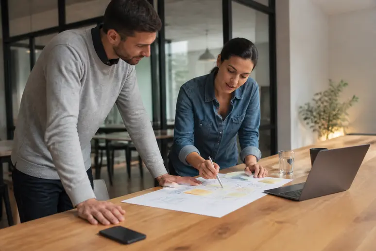 Deux collaborateurs discutant du choix de leur crm pme dans un bureau moderne