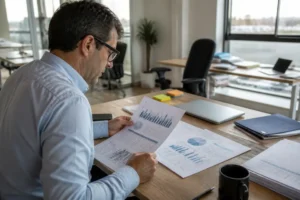 Un responsable d'entreprise analyse des documents budgétaires pour choisir un crm pme adapté aux coûts de la structure.